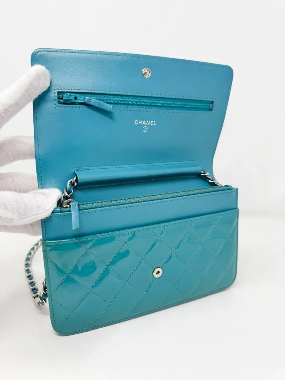 Chanel Turquoise Quilted Patent Leather Wallet on Chain
